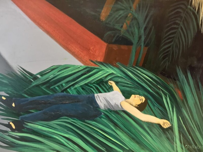 artist painting of woman lounging on large palm leaves